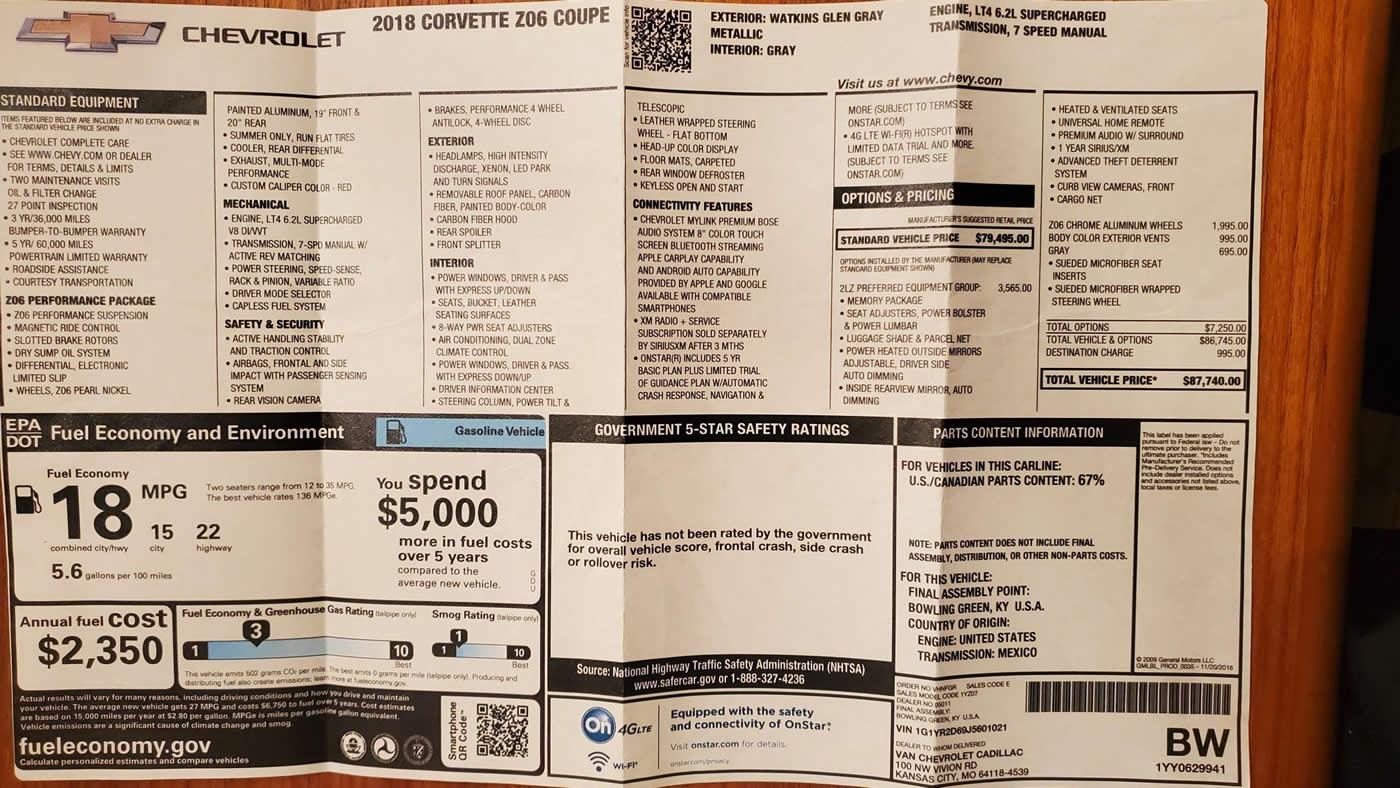 2018 Corvette Z06 Coupe 2LZ 7-Speed in Watkins Glen Gray